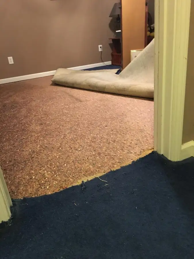 Carpet pad removal revealing water damage during Water Mitigation Services in Ashton-Sandy Spring