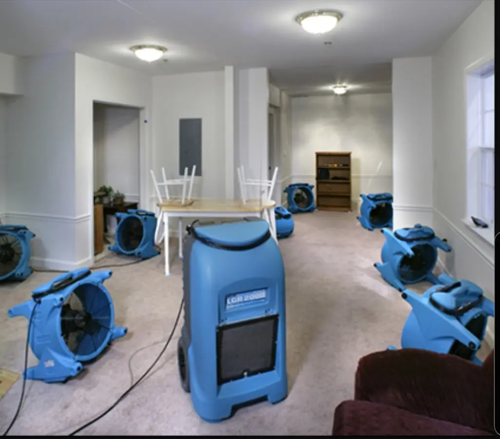 Air movers and dehumidifier setup for Water Damage Restoration in Ashton-Sandy Spring